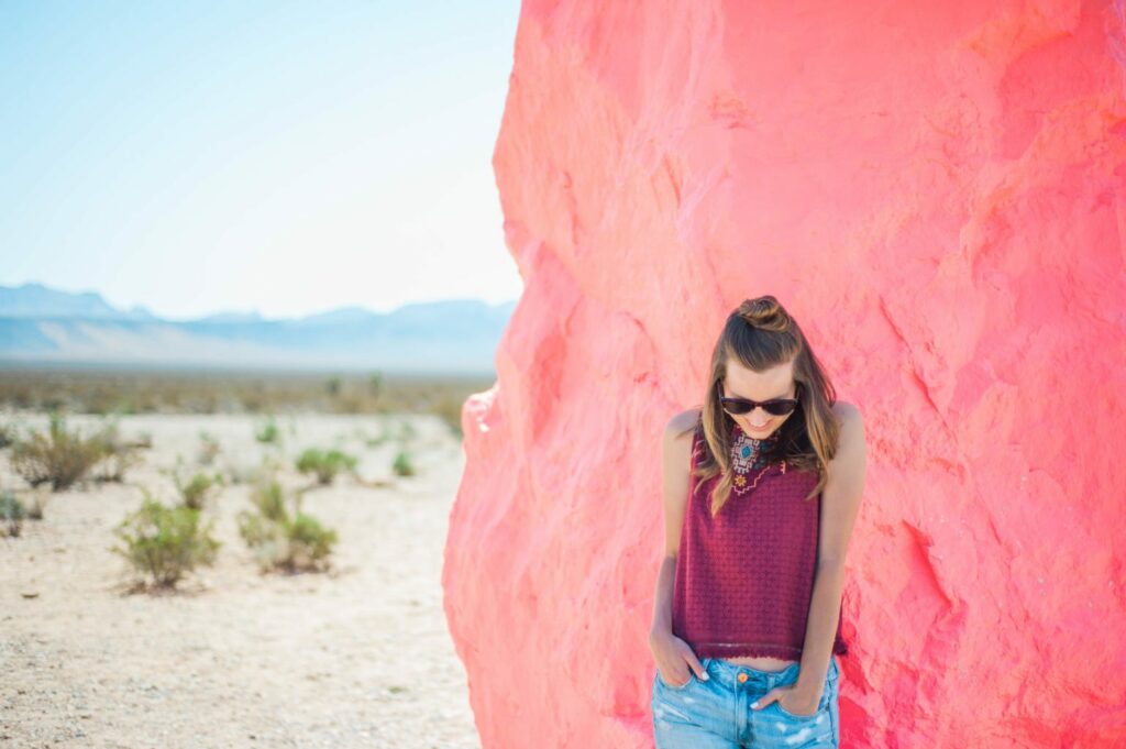 Love this fun neon desert style! That top is so perfect for hot summer!  location: seven magic mountains 