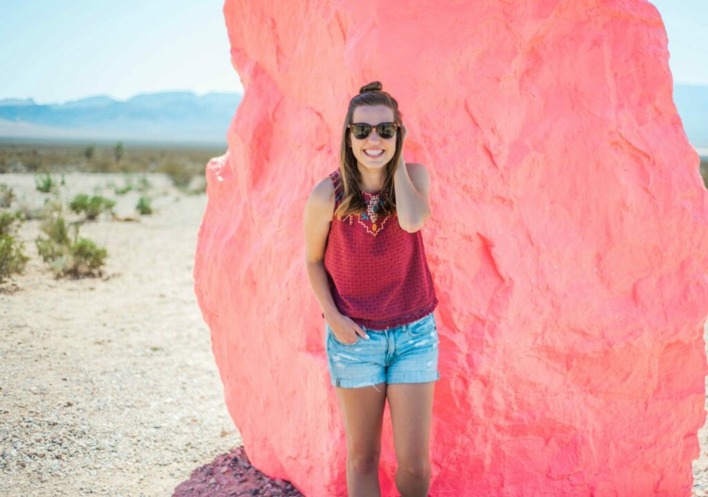 Love this fun neon desert style! That top is so perfect for hot summer!  location: seven magic mountains 