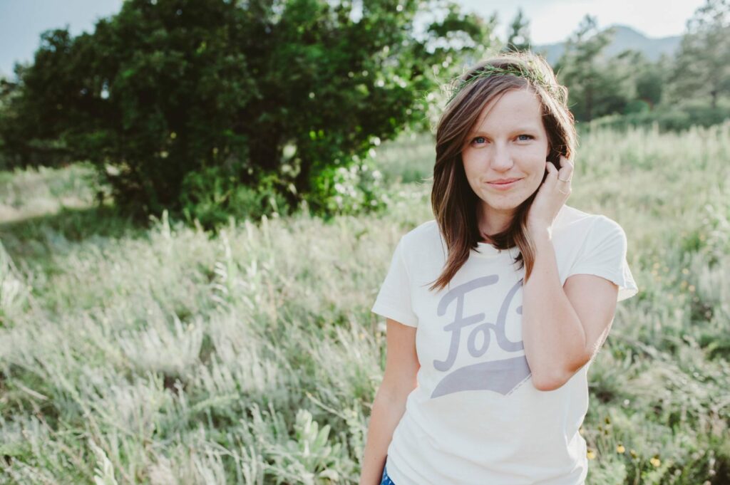 Elizabeth Mayberry Life Style Blogger at  Oak + Oats in Patagonia Shorts. Love the wildflowers and sunset.