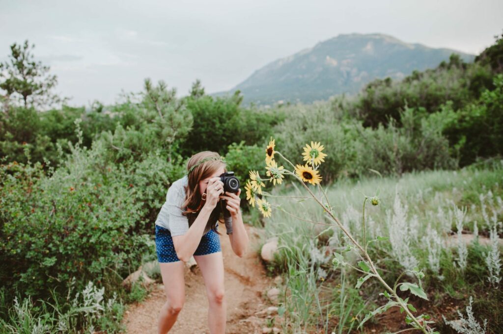 Elizabeth Mayberry Life Style Blogger at  Oak + Oats in Patagonia Shorts. Love the wildflowers and sunset.