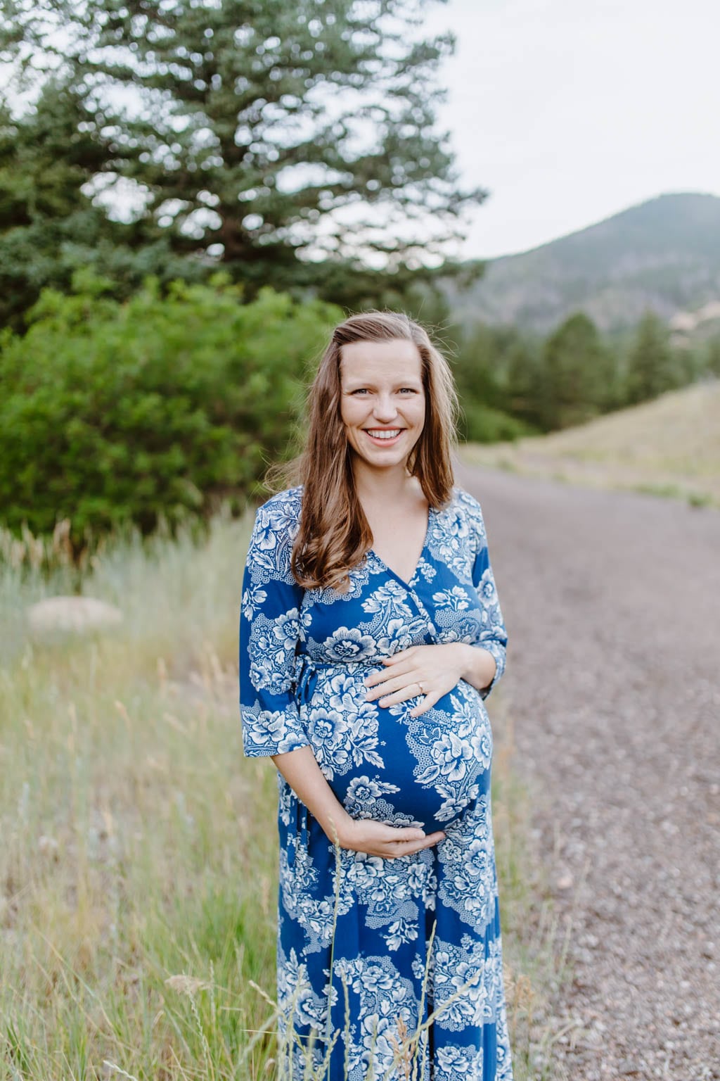 Blue Floral Print Maternity Nursing Wrap Maxi Dress